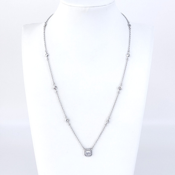 Vintage Sterling Silver 925 Cubic Zirconia Station Necklace Square Drop 18.5” - Picture 1 of 6